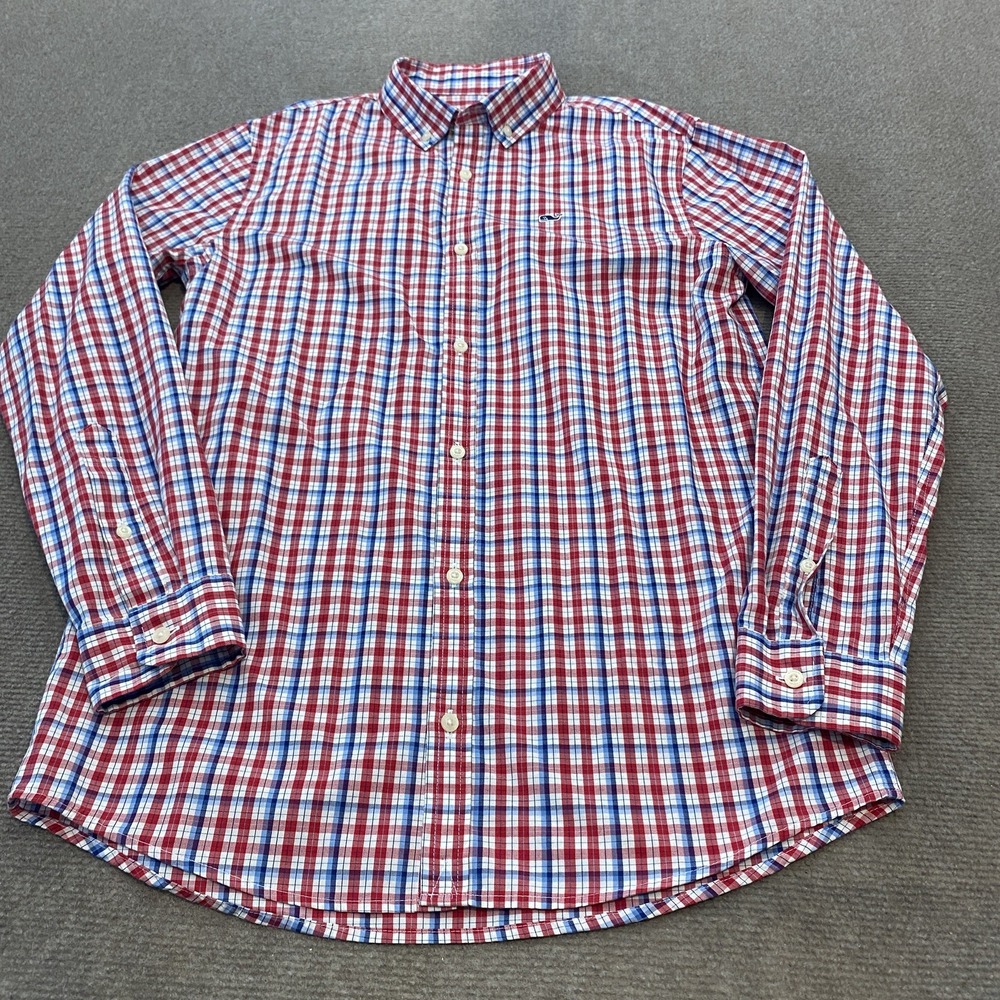 Vineyard Vines Whale Shirt Boys Size Large 16 Blue Red White Plaid Button Down